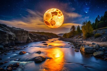 Enchanted Moonlit Landscape with Winding River and Rocky Terrain