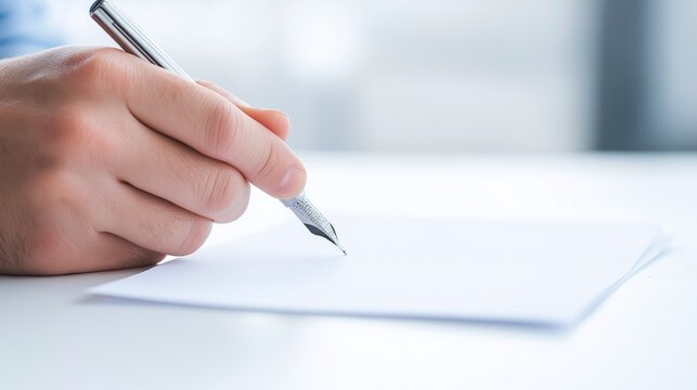 Close-up of a hand holding a pen, writing on a blank sheet of paper on a bright desk, symbolizing creativity, ideas, and communication.