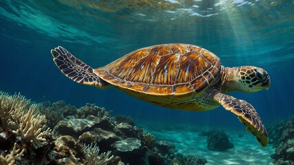 Sea turtle under the ocean water 