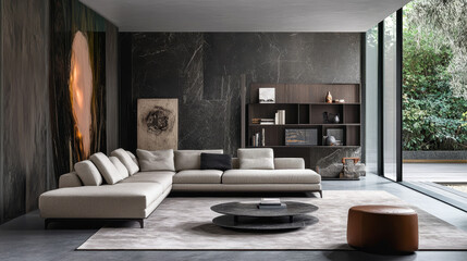 "Sleek Minimalist Living Room with Modern Furniture and Elegant Flooring"