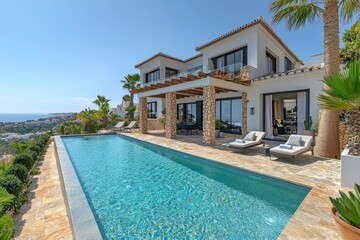 Fototapeta premium Modern Mediterranean Villa with Swimming Pool and Ocean View