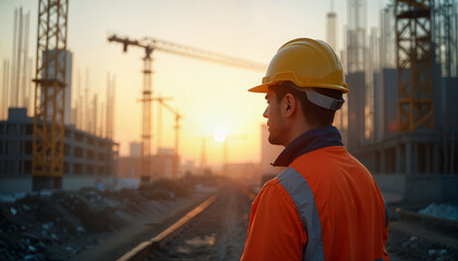 A civil engineer on a construction site in a helmet and protective gear inspects the construction site, earlier in the morning, the sun rises