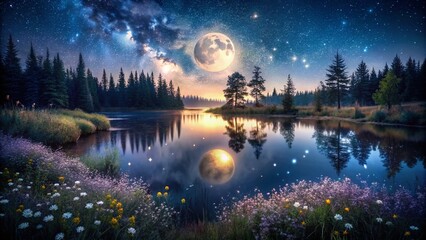 Enchanting Night Scenery with Vibrant Stars and Moonlight Glow