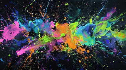 Explosive splashes of neon paint on a dark canvas