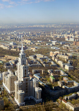 Aerial view of beautiful modern cityscape with highrise skyscrapers and roads, Moscow, Russia.