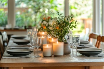 Elegant Table Setting with Candles and Flowers in Natural Light