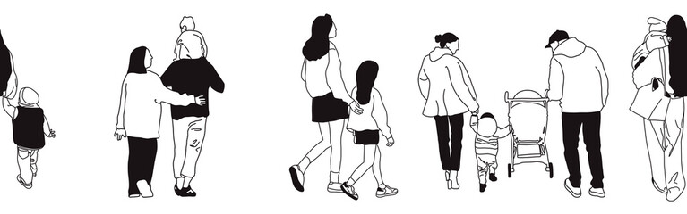 Hand-drawn doodle family border. Outline family clipart. Hand-drawn black art.