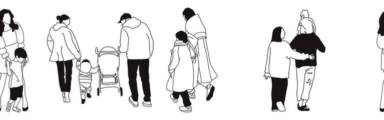 Hand-drawn doodle family border. Outline family clipart. Hand-drawn black art.