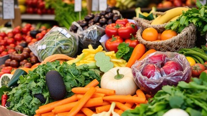 A variety of fresh fruits and vegetables arranged neatly on a white background, cooking, market, dining