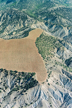 Aerial view of majestic Novyi Svit vineyards surrounded by rugged mountains and scenic valleys, Crimea Peninsula, Russia.