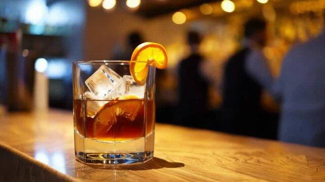 a glass of whiskey old-fashioned rum cocktail with cubes of ice around on a bar in a club or pub. drinks served in glass with lemon