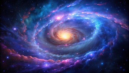 A vibrant galaxy with swirling clouds of purple gas and blue stars against a dark background, space, planets, nebula, celestial, stars