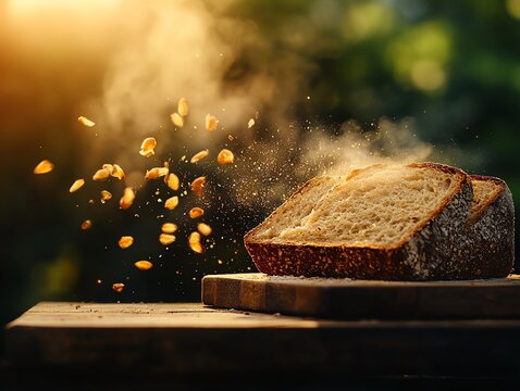Artisan sourdough bread on rustic wooden board, golden crust, airy texture, Sourdough bread, artisan baking concept