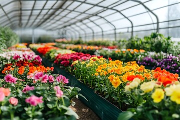 Fototapeta premium Colorful Flower Beds in a Greenhouse