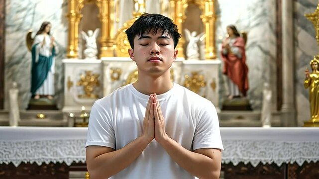 A young man of Asian descent, standing with his head bowed