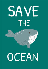 Save the ocean: cute whale design promoting marine conservation.