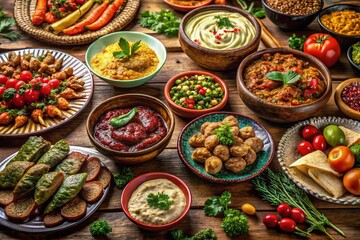 Fototapeta premium Exquisite Arabic Cuisine: A Table Full of Varied Dishes, Meat, Vegetables, and Dips for Candid Photography