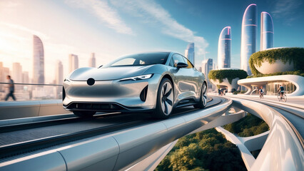Futuristic electric car glides along elevated track in a vibrant, modern cityscape during sunset