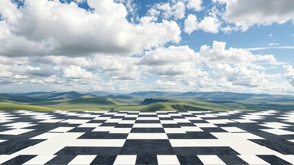 Chequered floor landscape with cloudy sky, creating a striking optical illusion, abstract, background