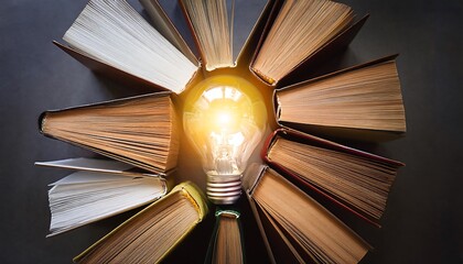 Ideas and knowledge concept image background with a glowing light bulb in middle of books in