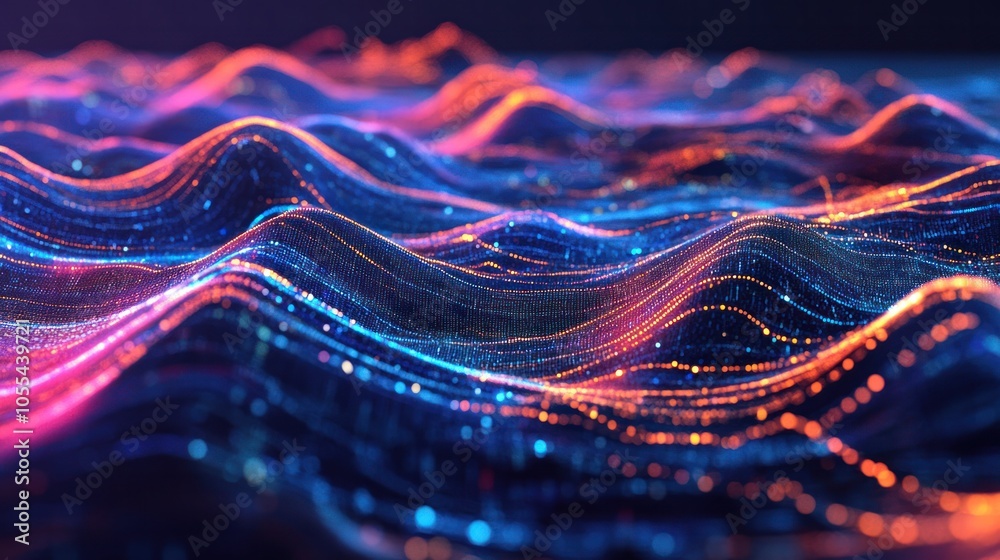 Poster a futuristic digital landscape featuring interconnected blockchain data fields, with vibrant streams