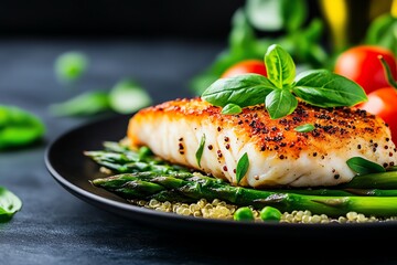 Baked cod with a side of steamed asparagus and quinoa, lean protein, and fiberpacked, clean and fresh plating style