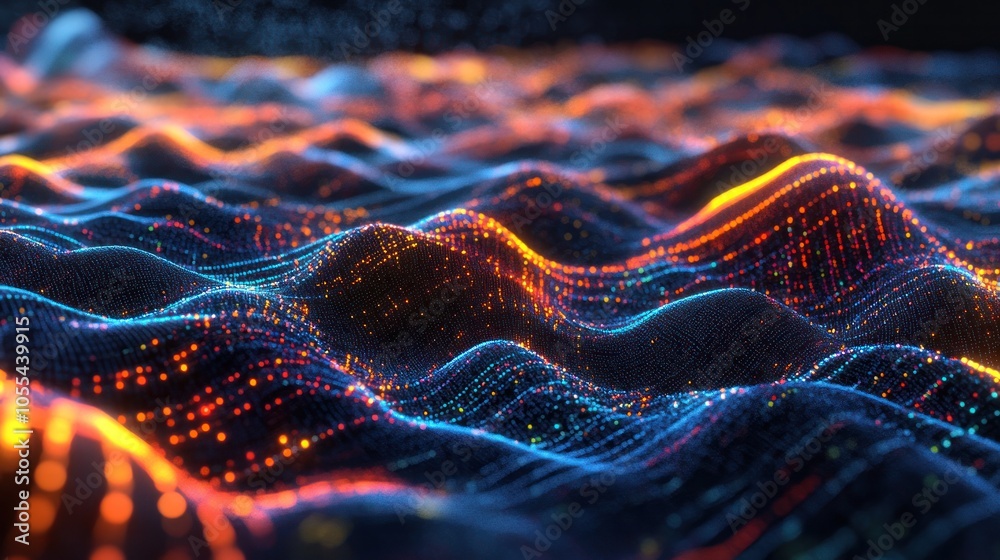 Poster a futuristic digital landscape featuring interconnected blockchain data fields, with vibrant streams
