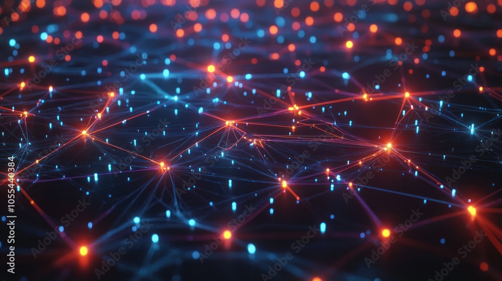 Poster a futuristic digital landscape featuring interconnected blockchain data fields, with vibrant streams