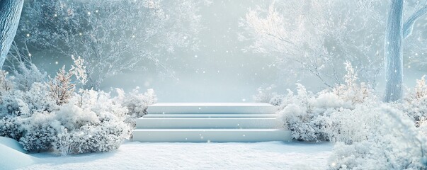 White staircase covered with snow in winter wonderland forest during snowfall