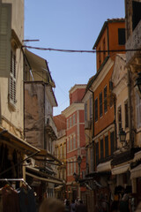 Urban landscape of the historic old town of Kerkyra on the island of Corfu, Greece, showcasing charming architecture and Mediterranean atmosphere.