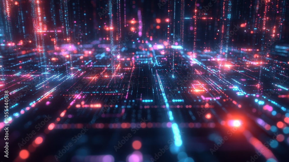 Poster a futuristic digital landscape featuring interconnected blockchain data fields, with vibrant streams