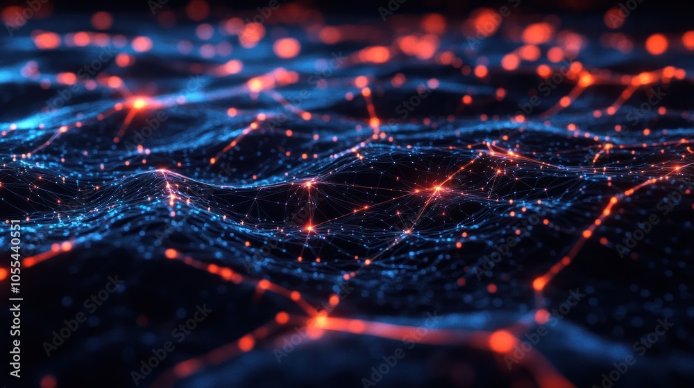 Poster a futuristic digital landscape featuring interconnected blockchain data fields, with vibrant streams
