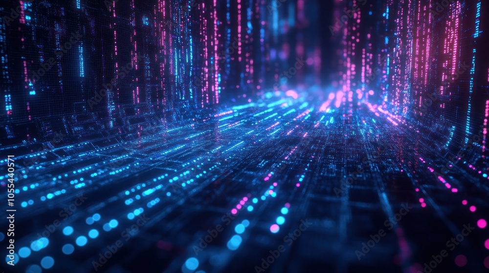 Poster a futuristic digital landscape featuring interconnected blockchain data fields, with vibrant streams