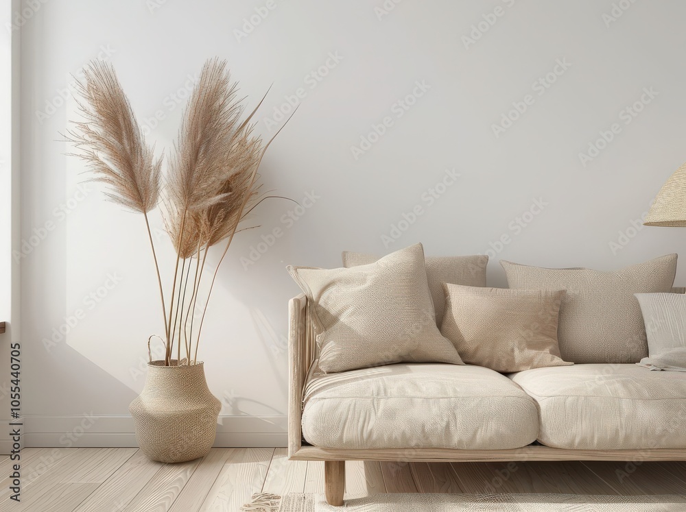 Wall mural minimalist living room interior with a beige sofa. pampas grass. and wooden floor