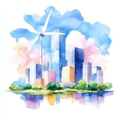 Harmonious Urban Energy: Skyscrapers with Integrated Wind Turbines in a Watercolor City Skyline