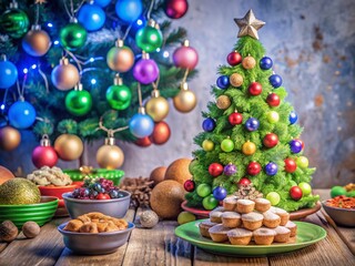 Festive Food Photography with New Year Tree and Colorful Baubles for Holiday Celebrations