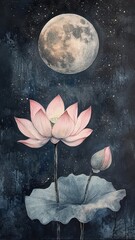 Pink Lotus flowers under the full moon,Full moon in midnight,beautiful night sky in the countryside with the perfect moon exudes beauty in the dark,Banner for Mid Autumn Festival.