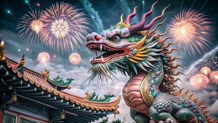 Fototapeta premium Festive New Year Card Featuring a Majestic Dragon Celebrating Lunar New Year
