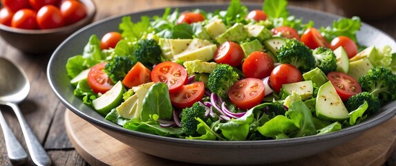Close-up of a refreshing salad bowl with lettuce, tomatoes, and fiber-rich seeds, perfect for a health-focused lifestyle
