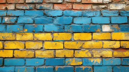 Colorful brick wall texture, blue and yellow 