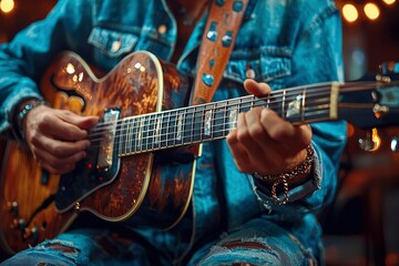 Obraz premium Close-up of a Musician's Hands Playing a Guitar