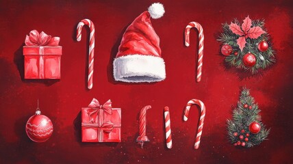 Watercolor Christmas set,Christmas decoration element,Surprise winter holiday realistic objects,Decoration elements for greeting cards banners,Merry Christmas and happy new year greeting concept.