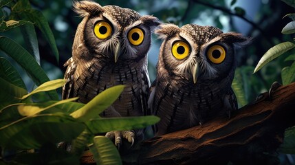 Obraz premium Two Curious Owls Perched on a Branch in a Lush Forest Setting with Vibrant Green Foliage and Soft Moonlight
