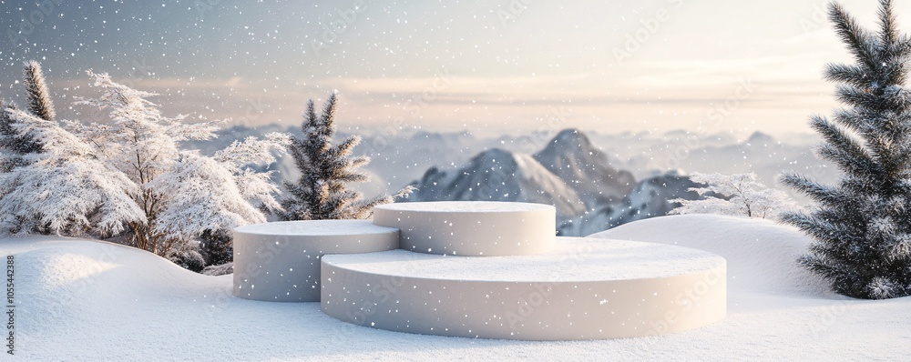 Poster three empty round podiums displaying products in snowy winter wonderland with falling snowflakes