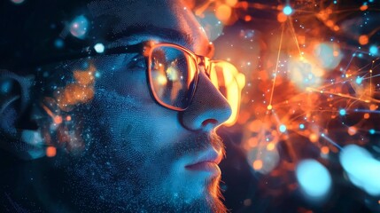Profile of a man with digital abstract light and neural network graphics