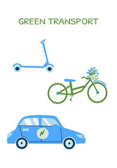 Naklejka premium Eco-friendly transportation icons: scooter, bicycle, and electric car.