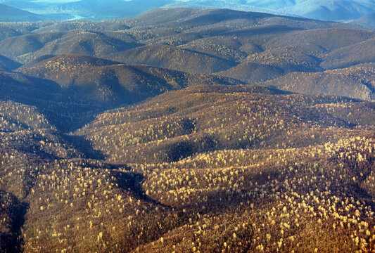 Aerial view of majestic autumn mountains and vast trees in a serene landscape, Bashkortostan Republic, Russia.