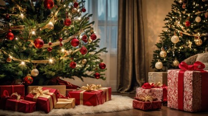 Christmas tree with ornaments, gift boxes and dark wooden wall as copy-space in the background