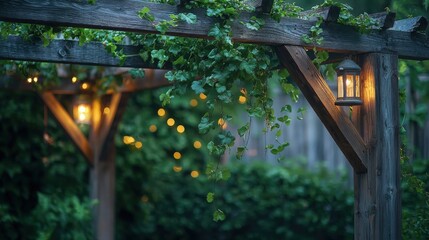 Naklejka premium Cozy garden trellis adorned with ivy and warm lantern light during twilight hours