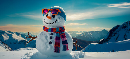 Obraz premium AI-generated images of a Snowman with a breathtaking view of the mountain chain